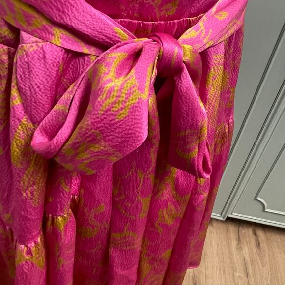 Tanya Taylor Paris Hammered Silk Dress Size 10 Wrap Flutter Sleeve Pink Ruffle - Picture 10 of 11